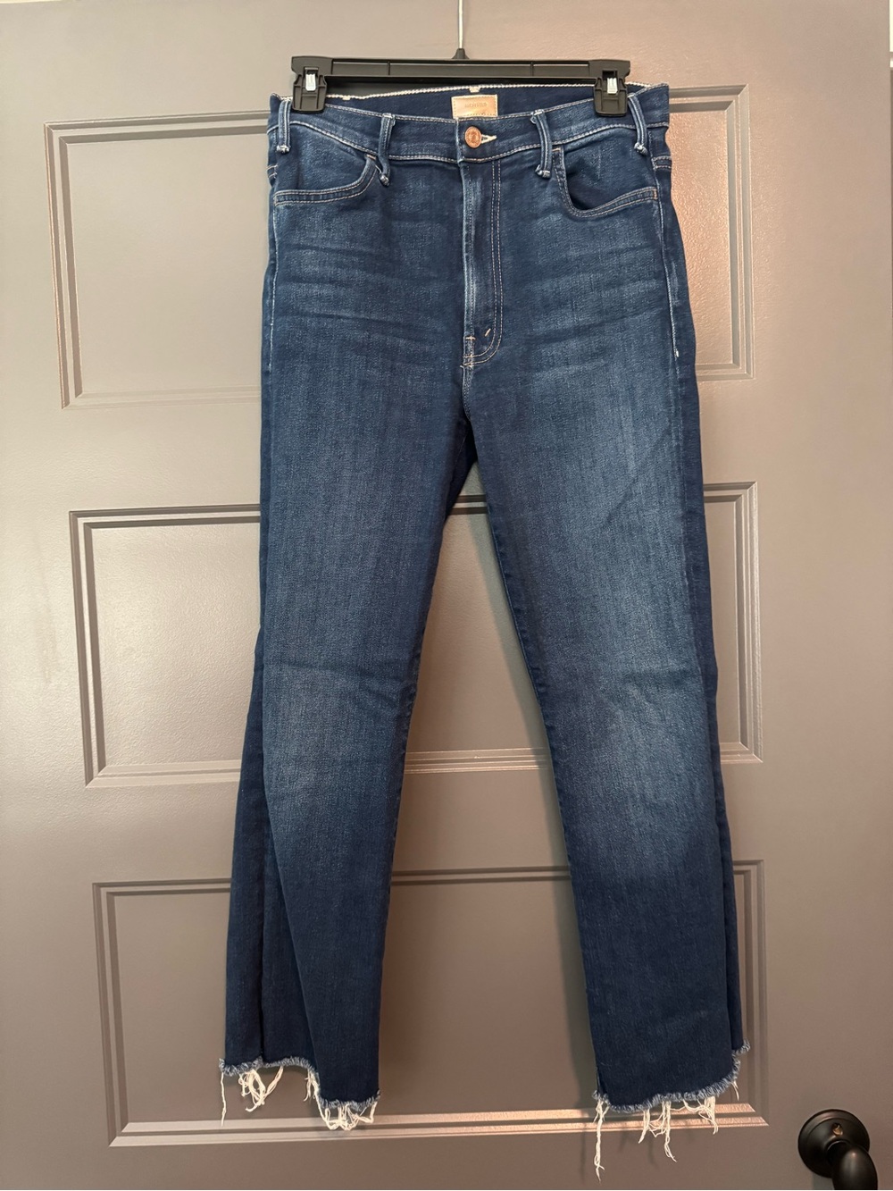 MOTHER Dark Indigo Slim Straight Jeans with Frayed Hem